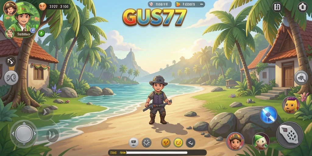 Screenshot GUS77 menampilkan gameplay santai yang penuh warna.