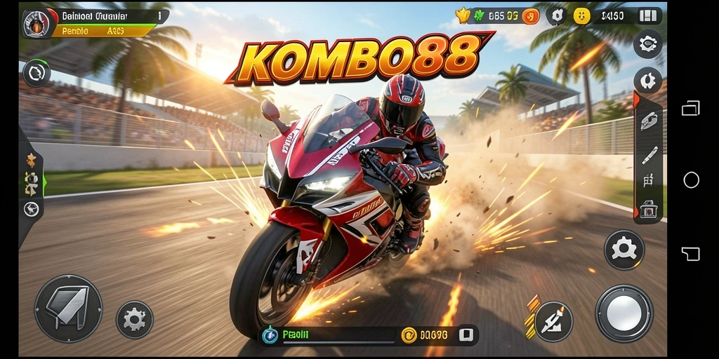 Screenshot gameplay KOMBO88 menampilkan aksi balapan motor yang mendebarkan.