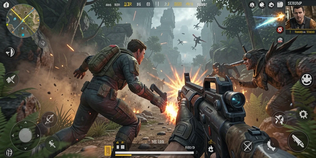 Tampilan gameplay SERURP dengan aksi tembak menembak yang mendebarkan.