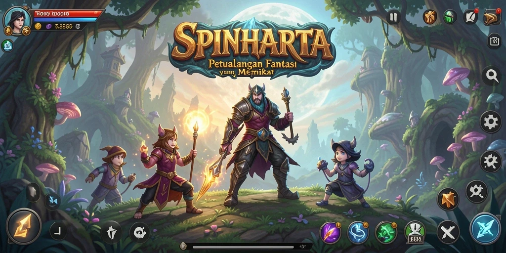 Tampilan gameplay SPINHARTA dengan pertarungan yang mendebarkan.